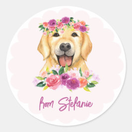 Niedlicher Goldener Retriever und violette Blumen  Runder Aufkleber