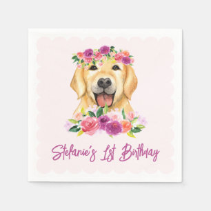 Niedlicher Goldener Retriever und violette Blumen  Serviette
