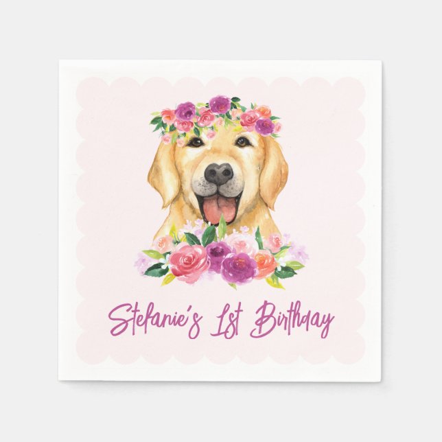 Niedlicher Goldener Retriever und violette Blumen  Serviette (Vorderseite)