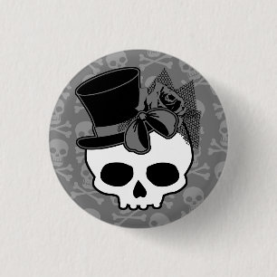 Niedlicher Goth-Skull mit Top-Hat-Rose Button