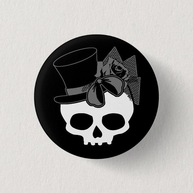 Niedlicher Goth-Skull mit Top-Hat-Rose-Knopf Button (Vorderseite)