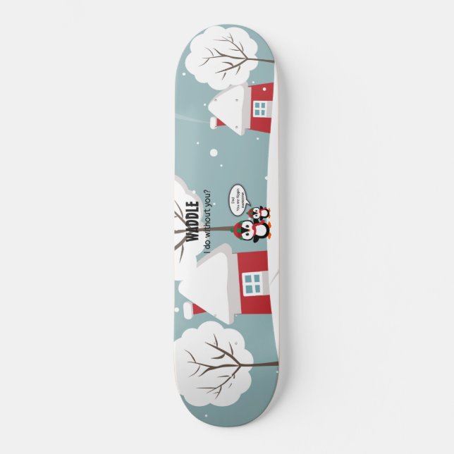 Niedlicher Graue Baby-Pinguin im Winterschnee Skateboard (Vorderseite)