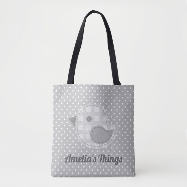 Niedlicher grauer Baby Bird und Polka Dot Personal (Vorderseite)