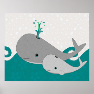 Niedlicher Grauer Baby Whale auf dem Waves Cartoon Poster