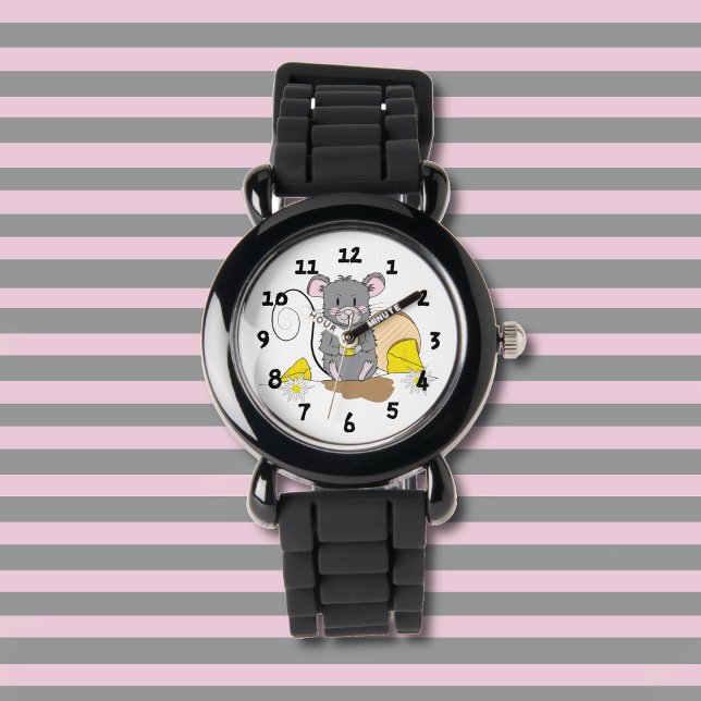 Niedlicher grauer Cartoon Maus Kid Watch Armbanduhr (Cute kid watch with a gray mouse nibbing on some Swiss cheese .)