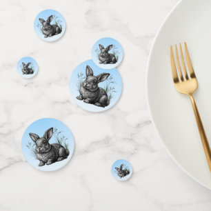 Niedlicher grauer Hase vor blauem Himmel Konfetti