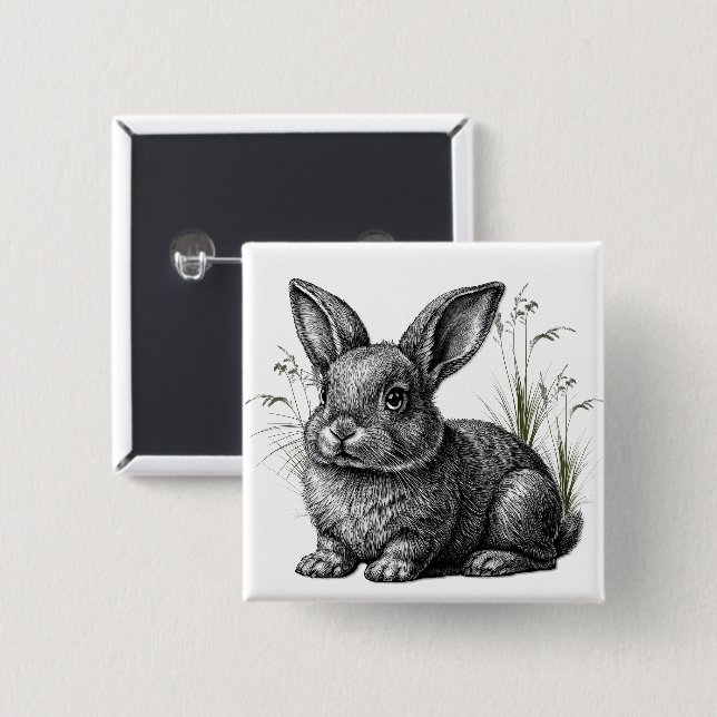 Niedlicher grauer Hase zwischen Gras Button (Vorne & Hinten)