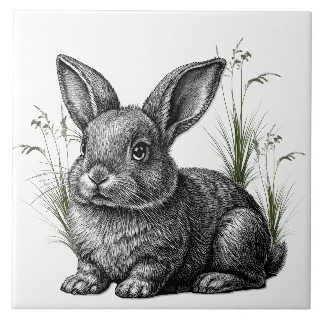 Niedlicher grauer Hase zwischen Gras Fliese (Vorderseite)
