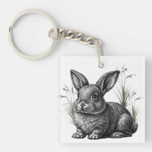 Niedlicher grauer Hase zwischen Gras Schlüsselanhänger