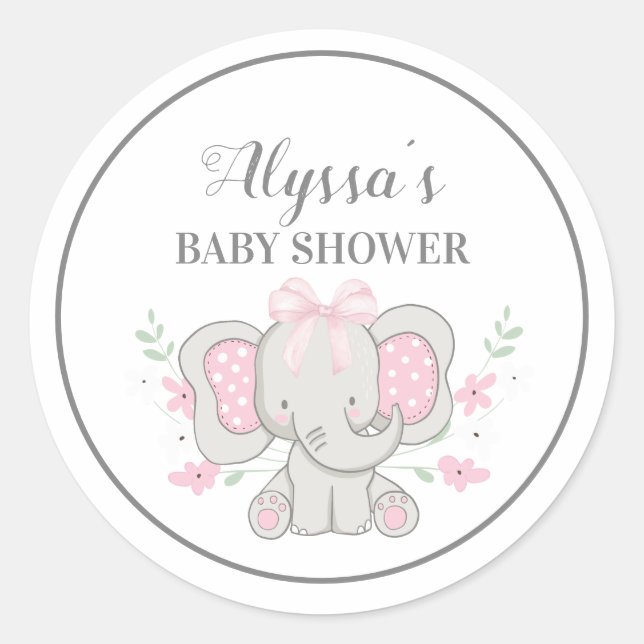 Niedlicher grauer Pink Polka Dot Elephant Baby Gir Runder Aufkleber (Vorderseite)