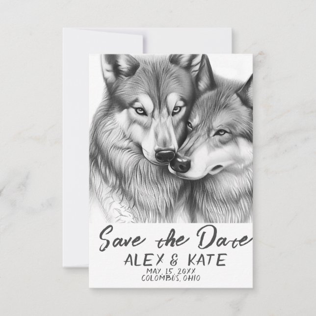 Niedlicher Grauer Wolf Hochzeit Sichern Sie den Te Save The Date (Vorderseite)
