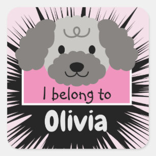Niedlicher Gray Poodle Buddy mit rosa Personalisie Quadratischer Aufkleber