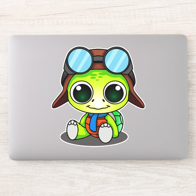 Niedlicher Green Chibi Cartoon Turtle in Aviator H Aufkleber (Computer)