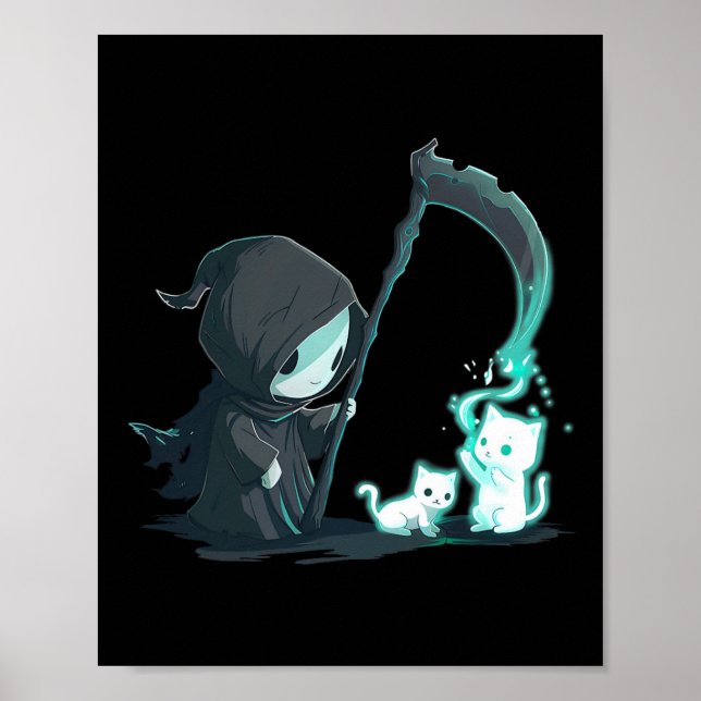 Niedlicher Grim Sensenmann Skelett mit Kat Ghost K Poster (Vorne)