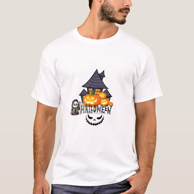 Niedlicher grimmiger Sensenmann und Spuk HausHallo T-Shirt (Vorderseite)