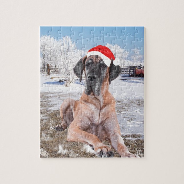 Niedlicher Großer Däne Hund sitzend im Schneehuhhu Puzzle (Vertikal)