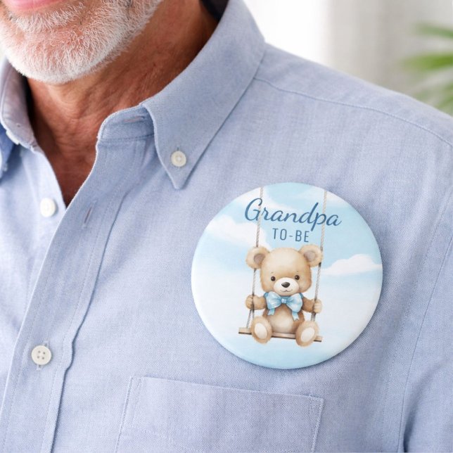 Niedlicher Großvater als Teddy Bear Baby-Duschknop Button (Grandpa to Be button worn on shirt, soft blue teddy bear baby shower theme)