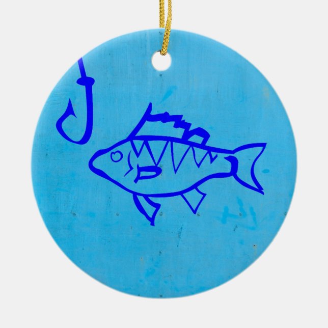 Niedlicher grunblauer Fisch und Angelhaken Keramik Ornament (Vorne)