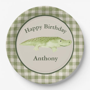 Niedlicher grüner Alligator Wasserfarbname Geburt Pappteller