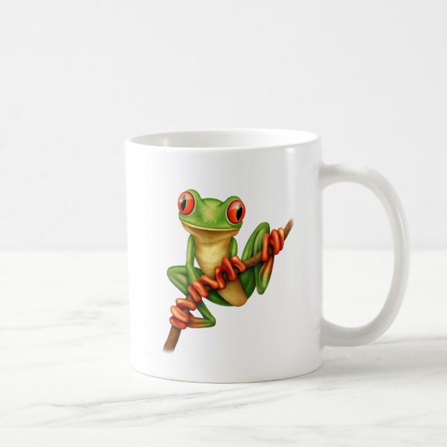 Niedlicher grüner Baum-Frosch auf einer Tasse (Rechts)