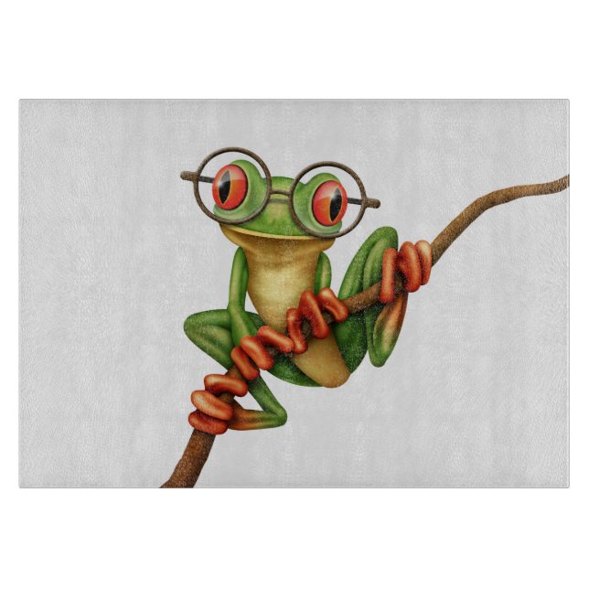 Niedlicher grüner Baum-Frosch mit Augen-Gläsern Schneidebrett (Vorderseite)