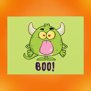 Niedlicher grüner Cartoon Monster Boo Halloween Feiertagspostkarte