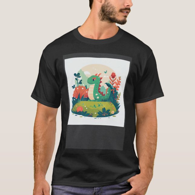 Niedlicher Grüner Drache im Gartenwald T-Shirt (Vorderseite)