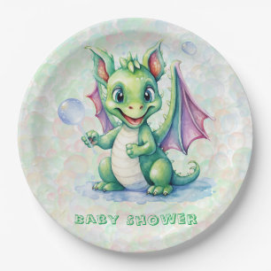Niedlicher Grüner Drache mit Blasen Babydusche Pappteller