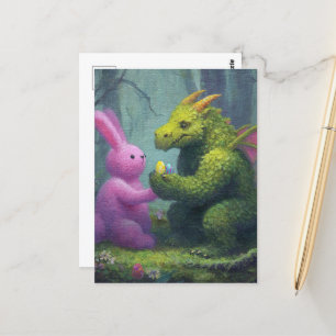 Niedlicher Grüner Drache und Osterhase Postkarte