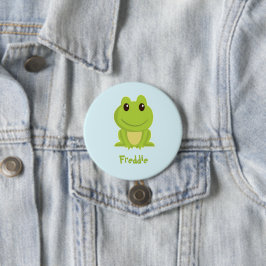 Niedlicher grüner Frosch auf blau Button