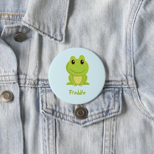 Niedlicher grüner Frosch auf blau Button (Beispiel)