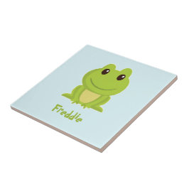 Niedlicher grüner Frosch auf blau Fliese