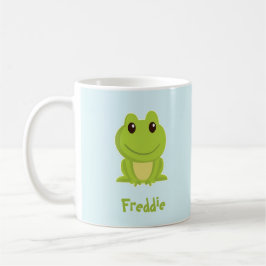 Niedlicher grüner Frosch auf blau Kaffeetasse