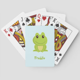 Niedlicher grüner Frosch auf blau Spielkarten