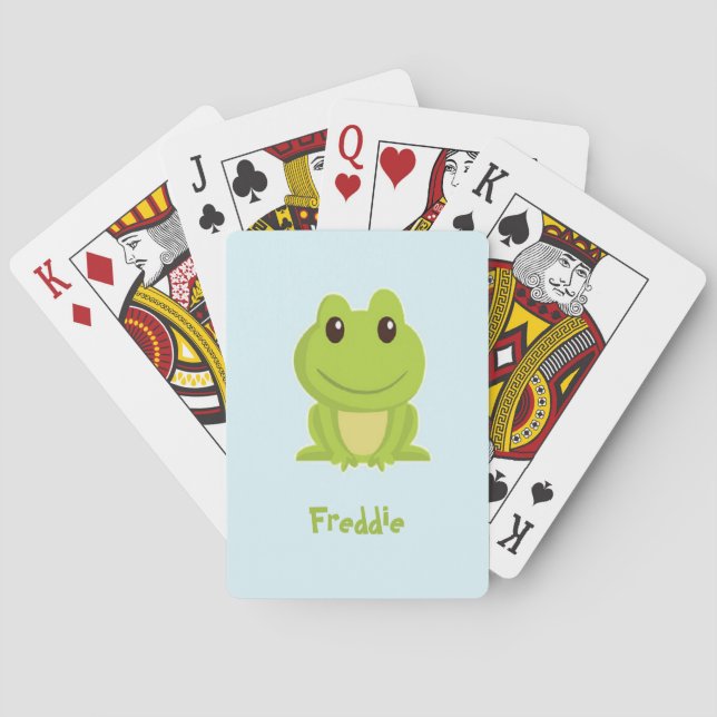 Niedlicher grüner Frosch auf blau Spielkarten (Rückseite)