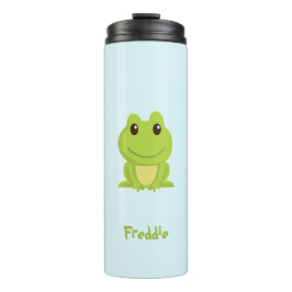 Niedlicher grüner Frosch auf blau Thermosbecher