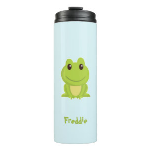 Niedlicher grüner Frosch auf blau Thermosbecher