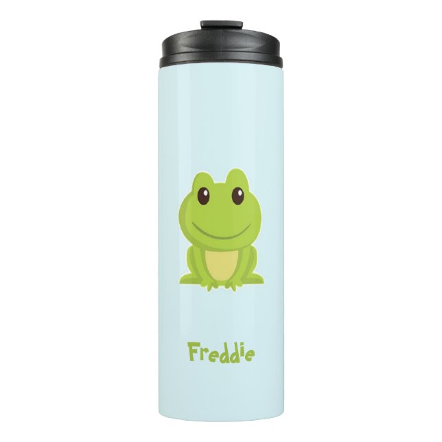 Niedlicher grüner Frosch auf blau Thermosbecher (Vorderseite)