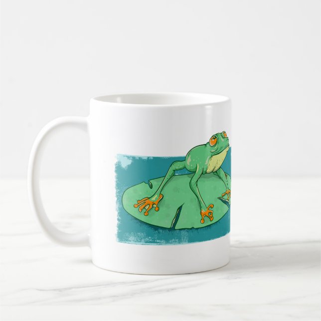 Niedlicher grüner Frosch auf einer Lilie Kaffeetasse (Links)