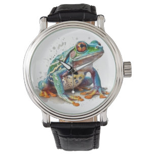 niedlicher grüner Frosch in Aquarellfarbe Armbanduhr
