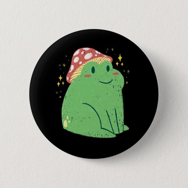 Niedlicher Grüner Frosch mit Mushroom-Hut Button (Vorderseite)