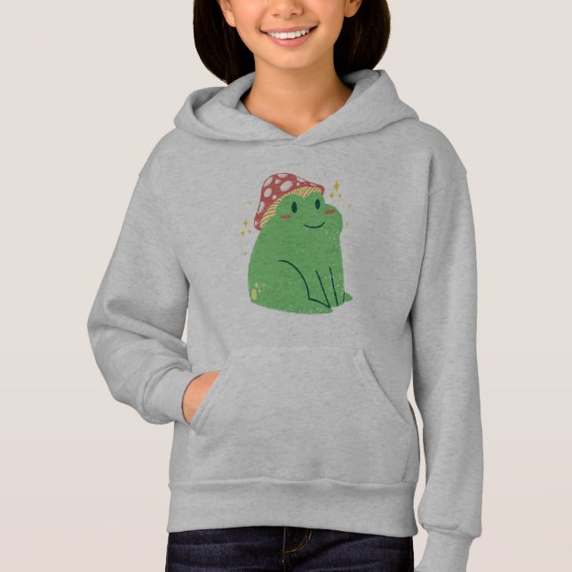 Niedlicher Grüner Frosch mit Mushroom-Hut Hoodie (Vorderseite)