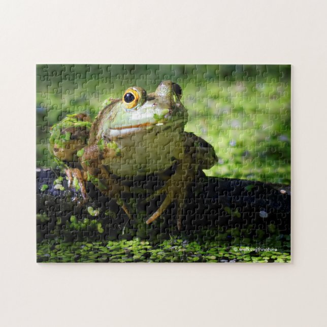Niedlicher grüner Frosch schlägt eine Pose auf dem Puzzle (Horizontal)