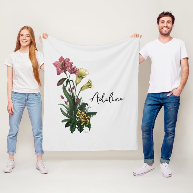 Niedlicher Grüner Frosch und botanische Blütenkuns Fleecedecke (Beispiel)