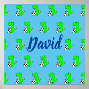 Niedlicher grüner Fußball-Dino T-Rex auf blau Poster