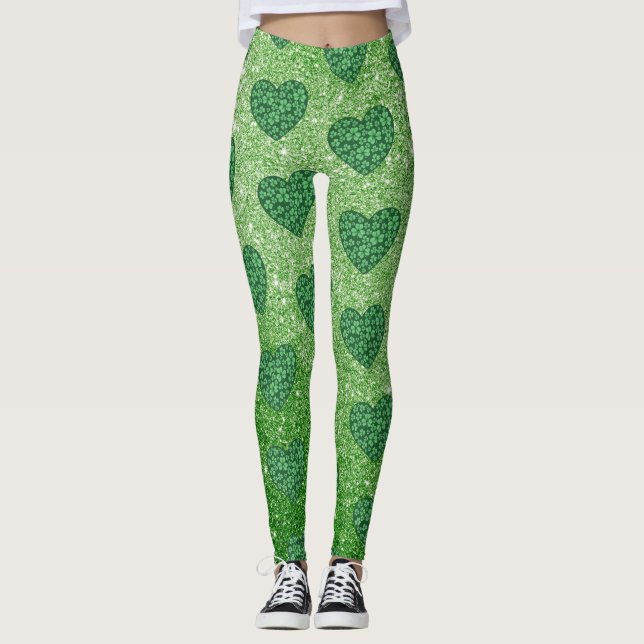 Niedlicher Grüner Glitzer St Patricks Kleeblatt He Leggings (Vorderseite)