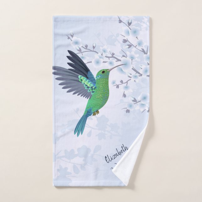 Niedlicher grüner Hummingbird Cherry Blossom Name Handtuch (Handtuch)