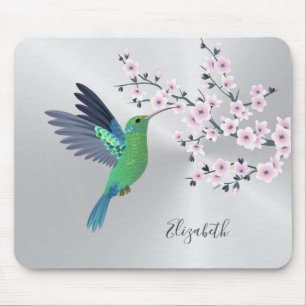 Niedlicher grüner Hummingbird Cherry Blossom Name Mousepad