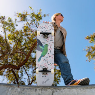 Niedlicher grüner Hummingbird Cherry Blossom Name Skateboard
