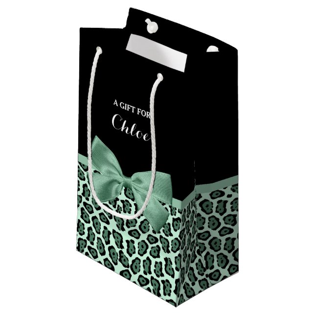 Niedlicher grüner Jaguar Print Girly Jade Bow und  Kleine Geschenktüte (Vorderseite Schrägansicht)